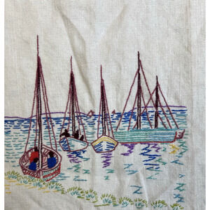 Vintage Embroidered Sailboats Harbor Linen Tea Towel Barware Dishcloth19" x 14"